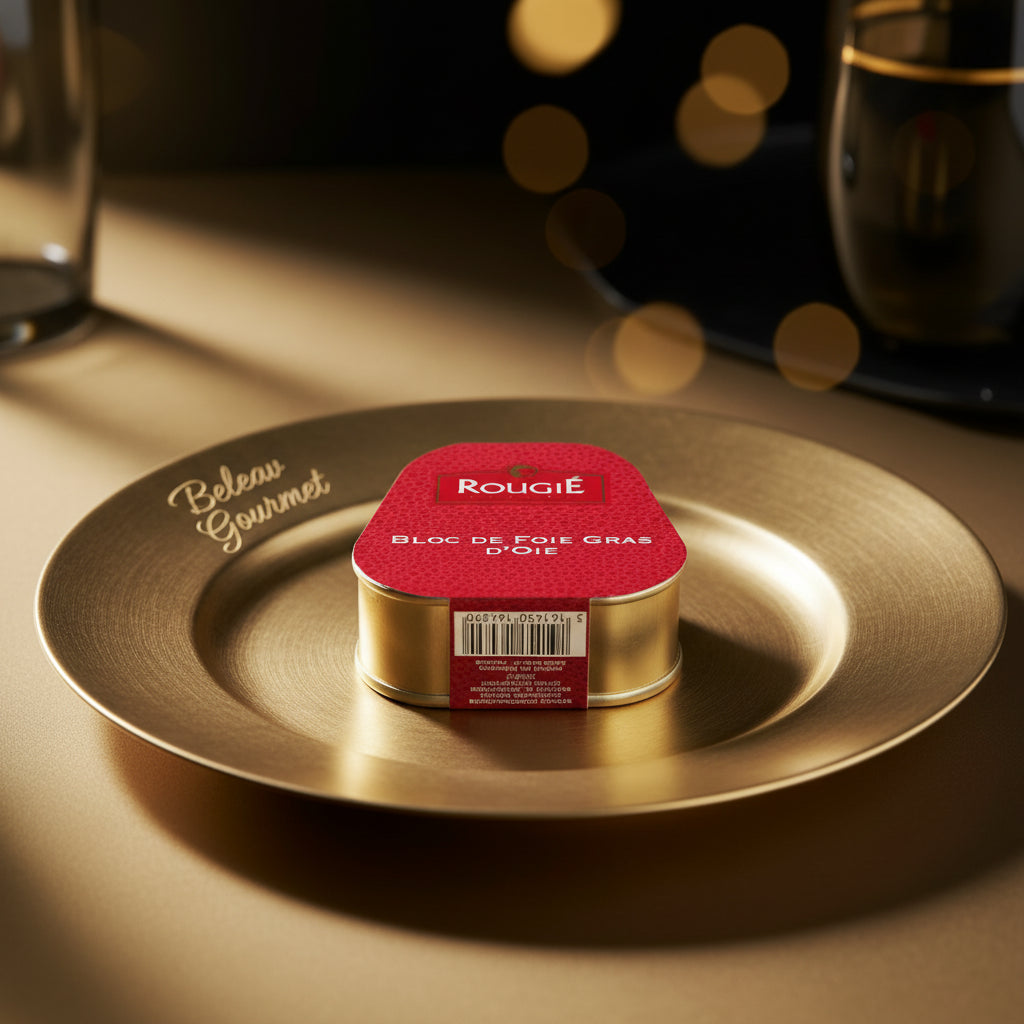 Rougié Bloc de Foie Gras d'Oie packaging with red lid and gold base on a white background