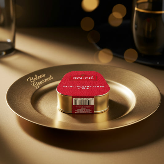 Rougié Bloc de Foie Gras d'Oie packaging with red lid and gold base on a white background