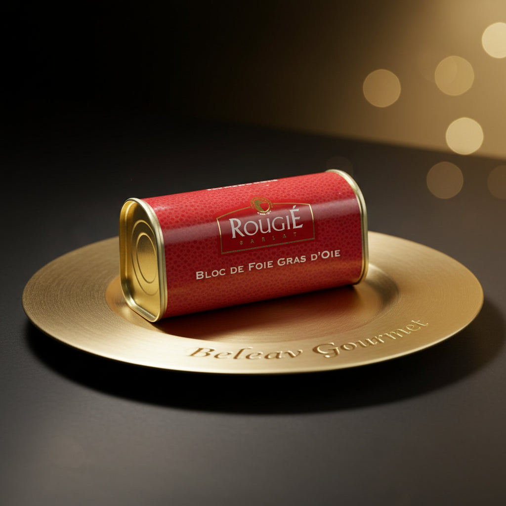 Red cylindrical packaging with gold accents featuring Rougé brand on a white background