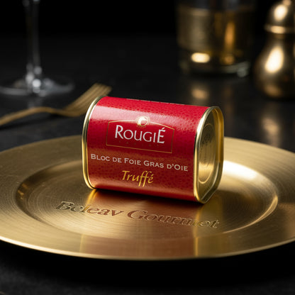 Red can of Rougé Salat Bloc de Foie Gras d'Oie Truffé on a white background