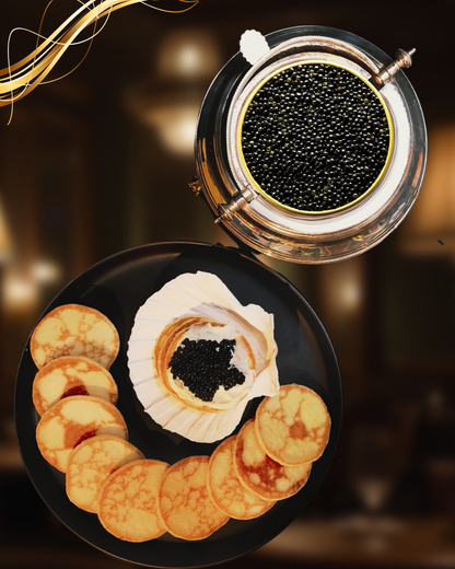 Royal Baeri Caviar Set with deep grey to onyx eggs sized 2.4-2.8 mm, smooth and delicately balanced taste