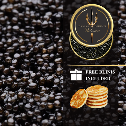 Royal Baeri Caviar Set with deep grey to onyx eggs, 2.4-2.8 mm size, smooth and fresh taste