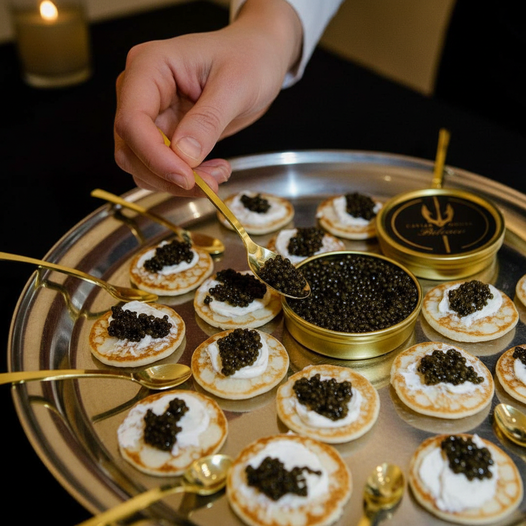 Tin of Royal Baeri Caviar with medium charcoal grey pearls showing silky texture and gentle pop