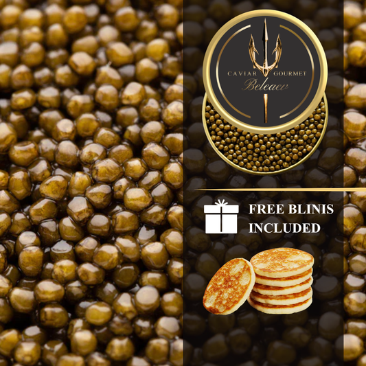 Royal Imperial Caviar Set with dark golden roe and hazel nutty flavor eggs sized 3.2-3.4mm
