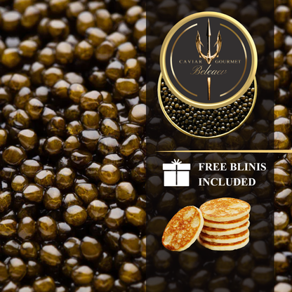 Royal Oscietra Caviar set with grey to golden eggs and delicate buttery taste