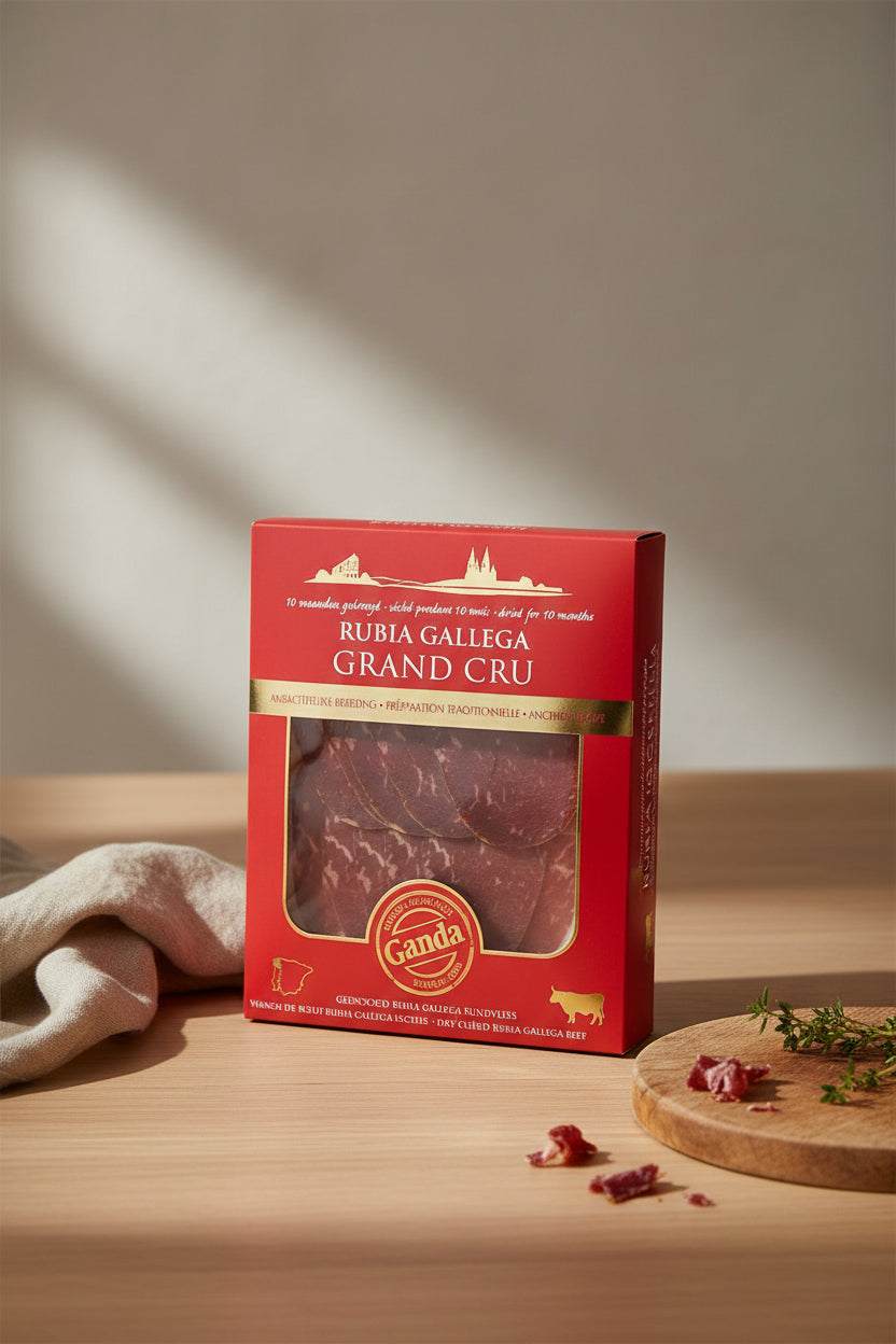 Sliced Rubia Gallega cured beef from Galician Blond cattle