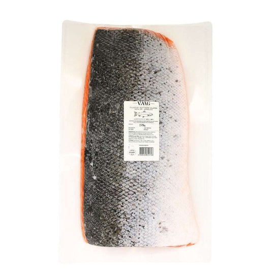 Frozen skin-on salmon fillet weighing about 2.5kg