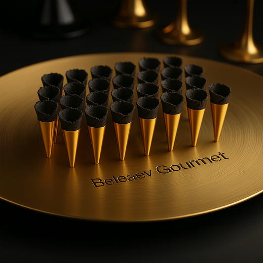 Black savoury fillable charcoal mini canape cones on white plate