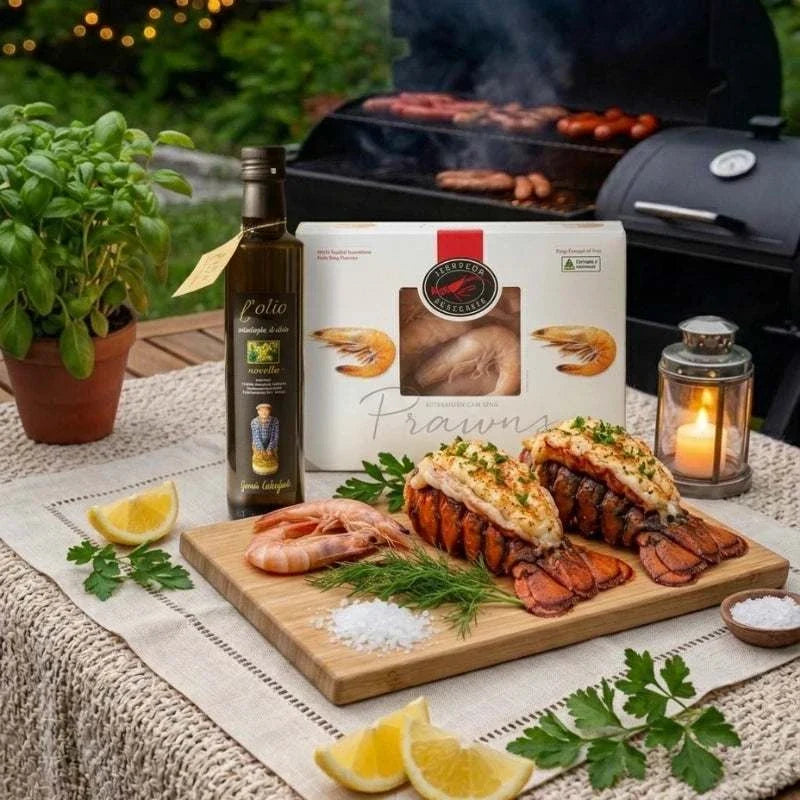 Seafood grill hamper with lobster tail, prawns, squid, and olive oil