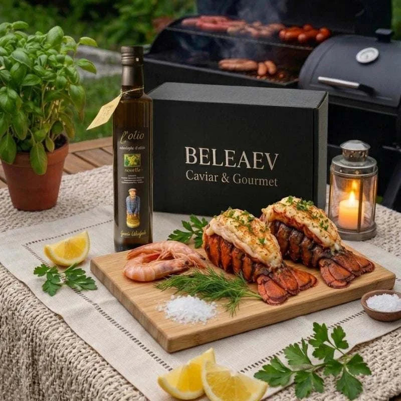 Seafood Grill Hamper with lobster tail, prawns, squid, and Puglian olive oil ready for grilling
