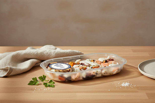 1kg seafood salad in sealed container with shrimp, squid, imitation crab, and mayonnaise dressing