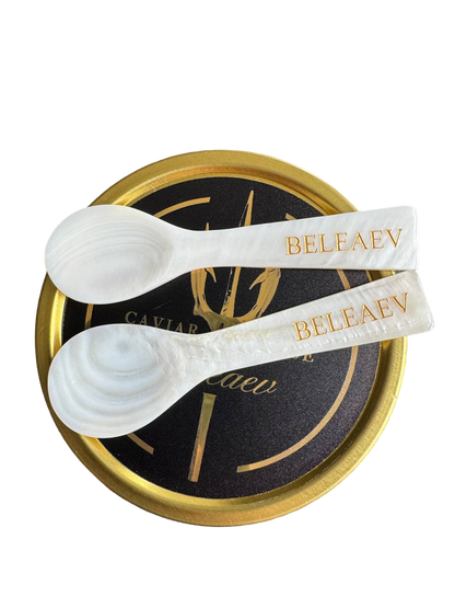 Hand-crafted signature mother of pearl caviar spoon with golden inscription
