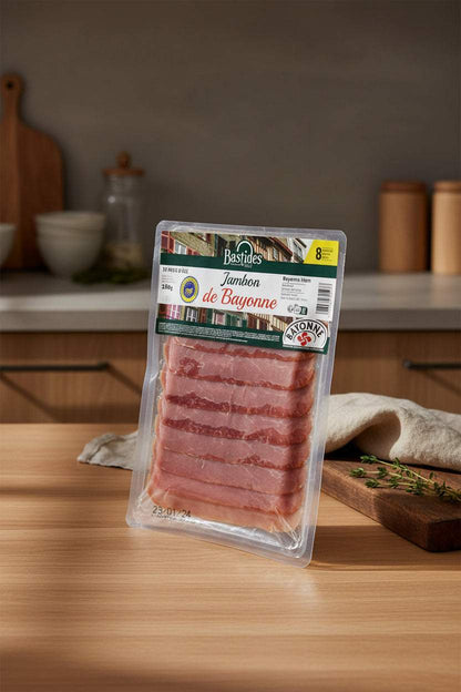 Pack of 160g sliced Bayonne ham on wooden board