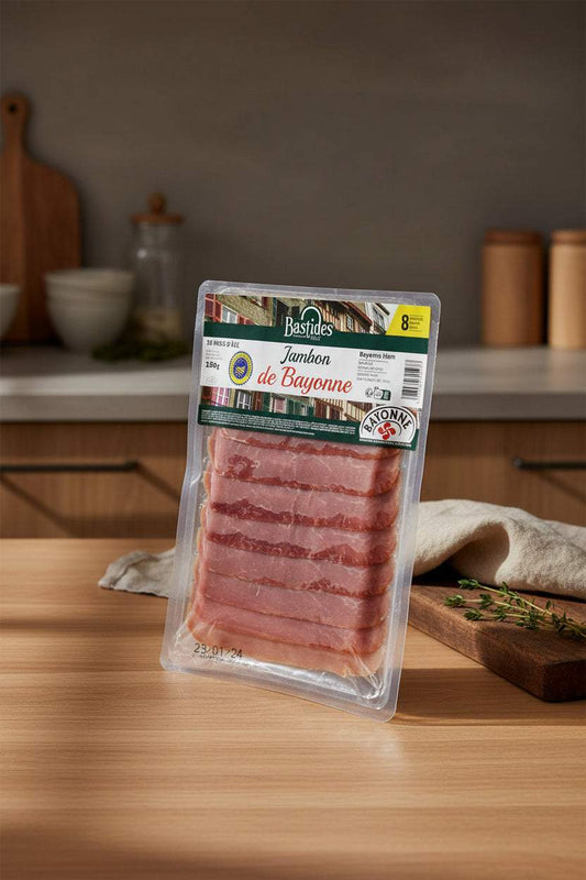 Pack of 160g sliced Bayonne ham on wooden board