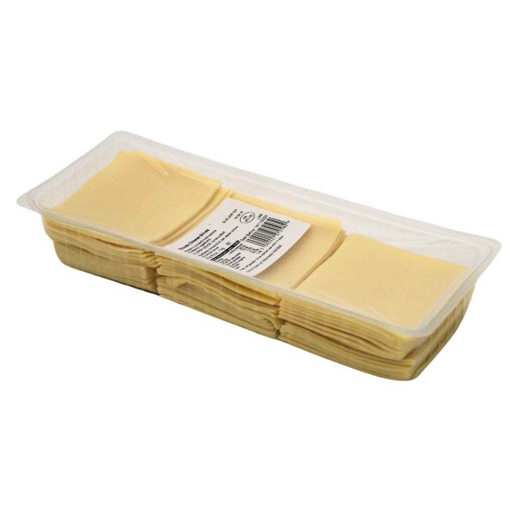 1kg pack of sliced Gouda cheese on white background