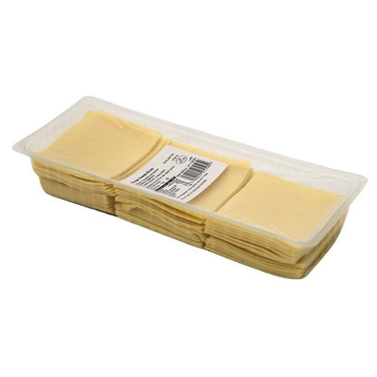 1kg pack of sliced Gouda cheese on white background