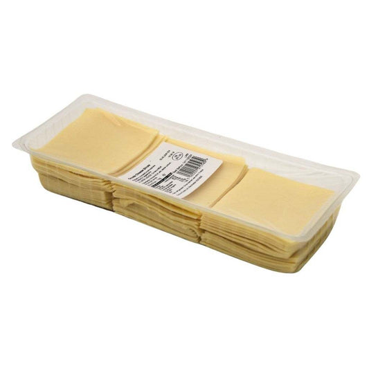 1kg pack of sliced Gouda cheese on white background