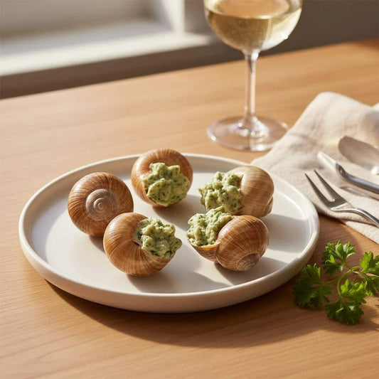 Frozen French snails in shells with garlic-parsley butter ready to bake