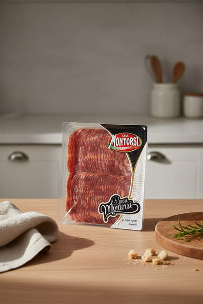 Spianata Piccante salami slices with coarse texture and paprika heat