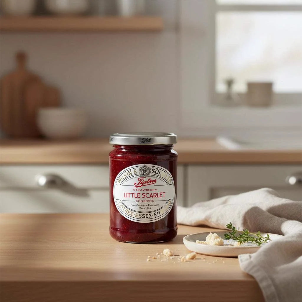 Summer picnic hamper with cheese, saucisson, strawberry conserve, and toast on a board