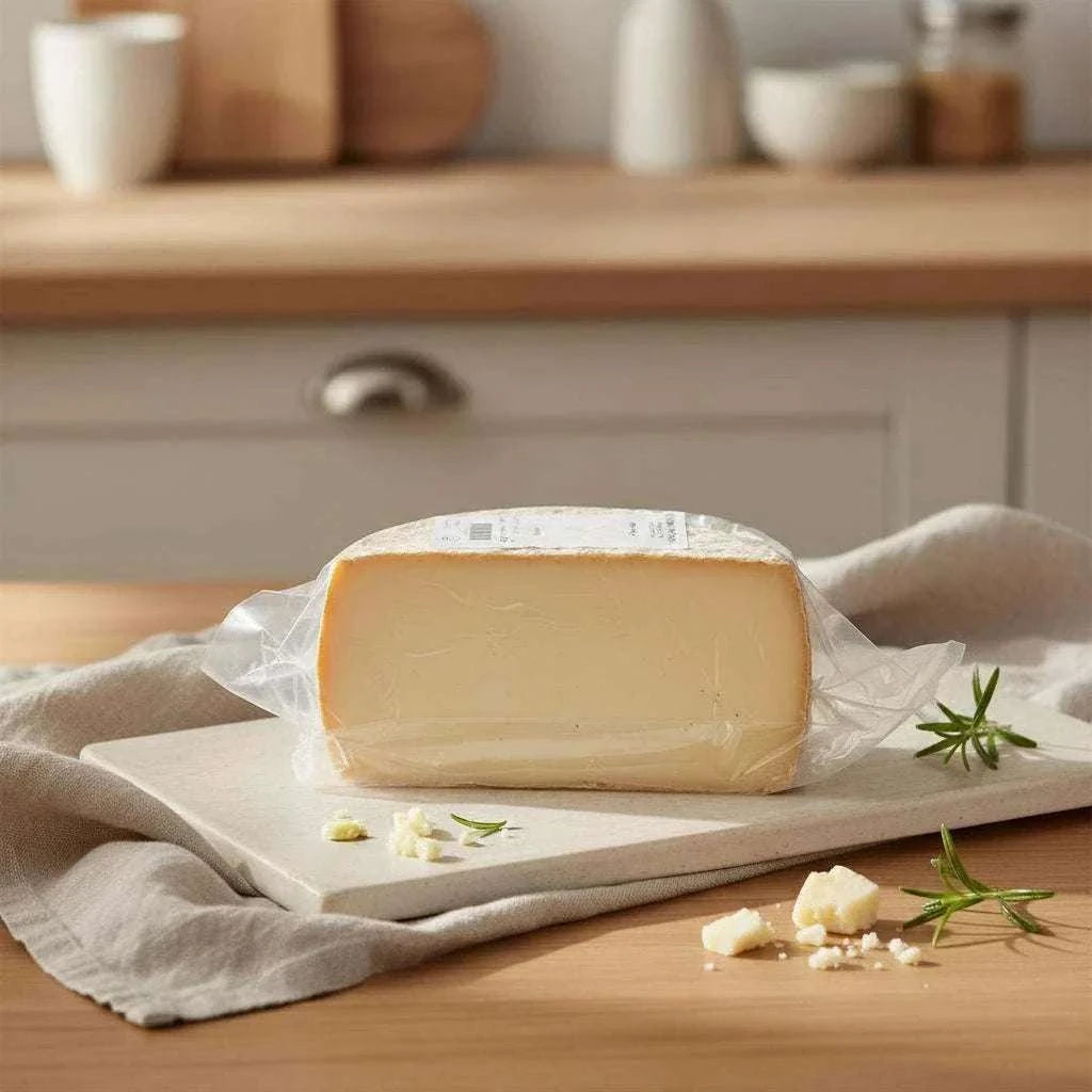 Summer Picnic Hamper featuring a block of pale yellow hard cheese with a smooth rind on a white marble slab with rosemary sprigs