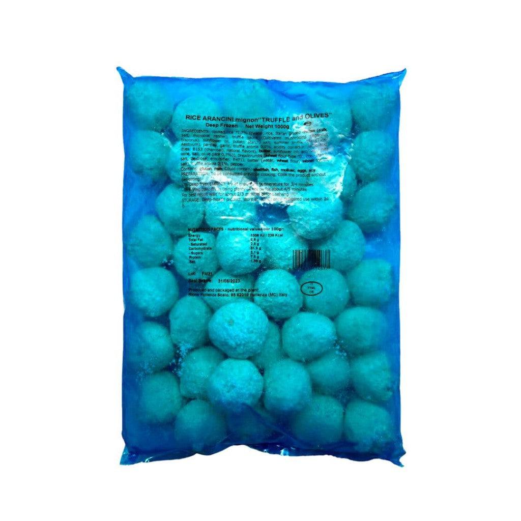 Close-up of frozen truffle arancini balls arranged in a container, 1kg pack, approximately 28 pieces