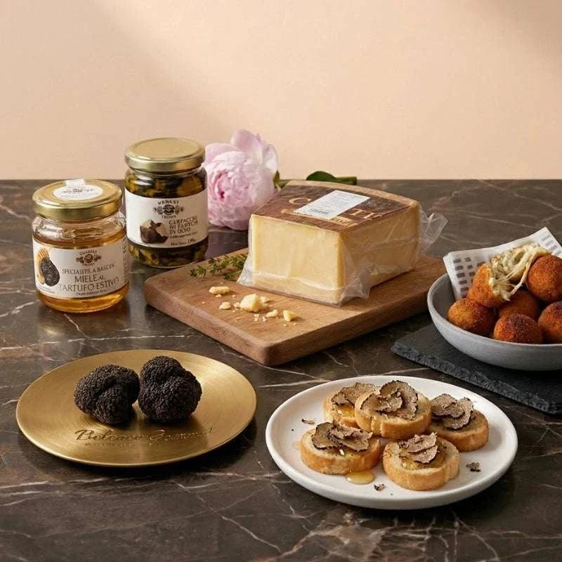 luxury truffle gift hamper with truffle carpaccio arancini honey cheese and toast