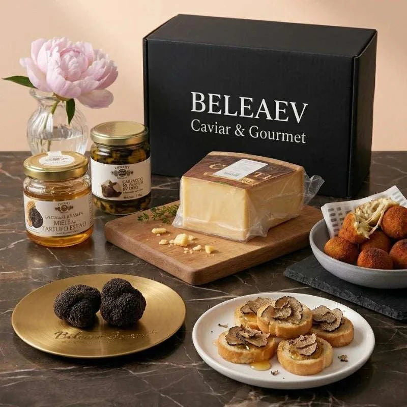 Truffle gift hamper with summer truffle carpaccio, truffle saffron arancini, truffle honey, Golden Cenarth cheese and Miller's toast