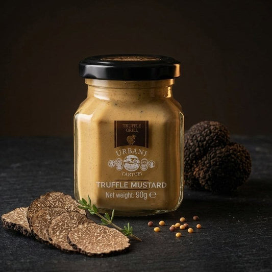 Jar of Truffle Mustard 90gr with label on white background