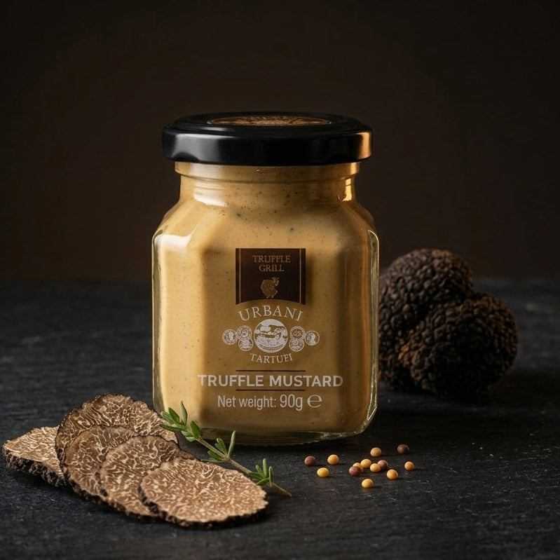 Jar of Italian Truffle Mustard 90g with creamy texture and earthy truffle flavor