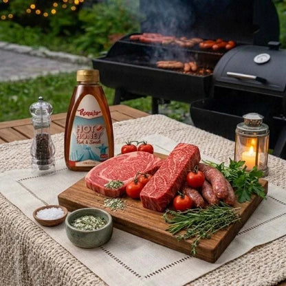 Wagyu BBQ hamper with A5 Japanese ribeye, Denver steak, hot link sausages, chorizo, and hot honey