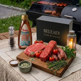 Wagyu BBQ Hamper with A5 Japanese Wagyu ribeye, Denver steak, Texas hot link sausages, chorizo, and hot honey on grill