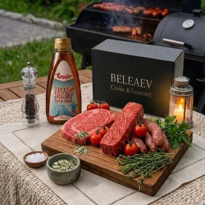 Wagyu BBQ Hamper with A5 Japanese Wagyu ribeye, Denver steak, Texas hot link sausages, chorizo, and hot honey on grill