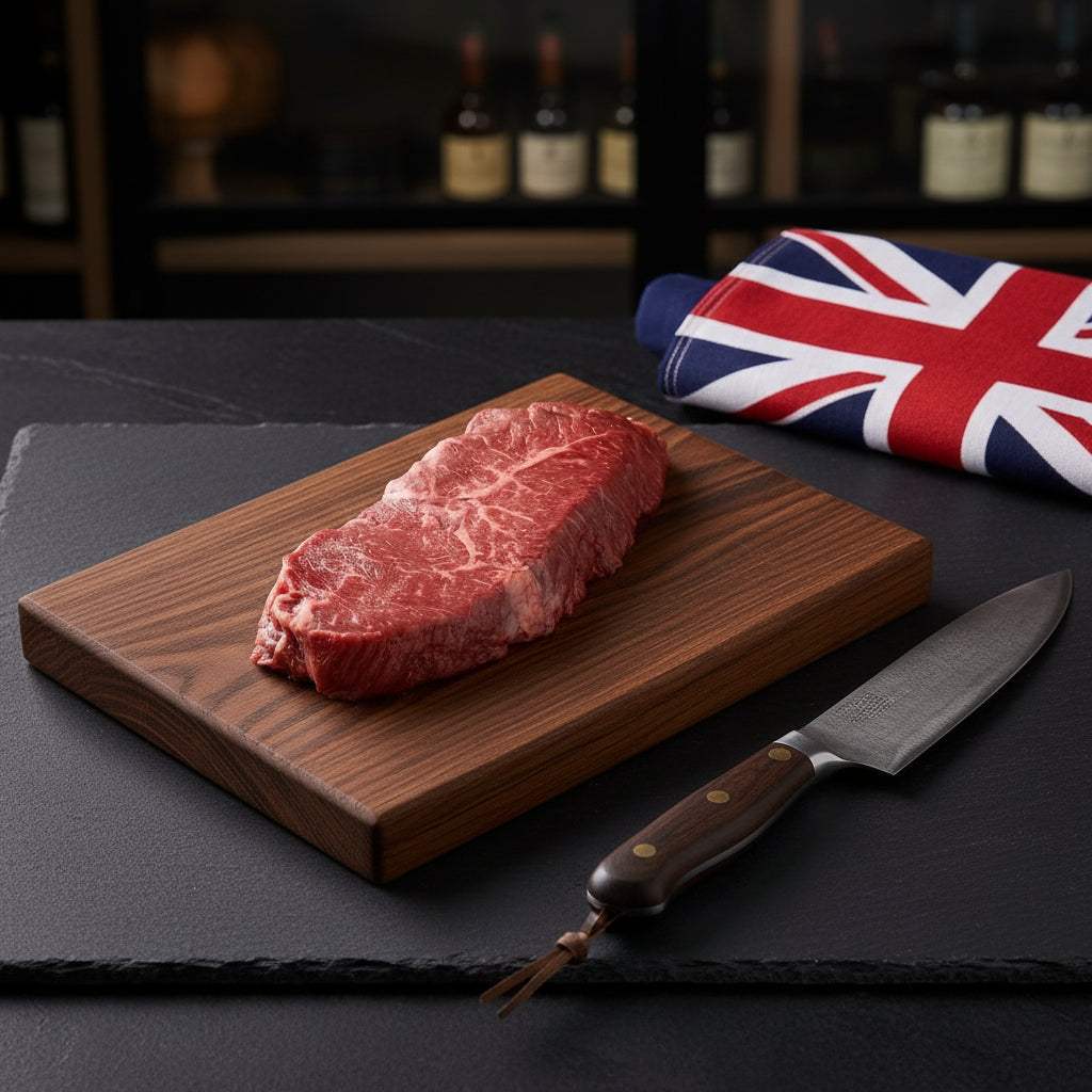 Wagyu British Beef alcatra steak showing rich marbling and deep red color on a wooden cutting board with a knife and folded Union Jack cloth