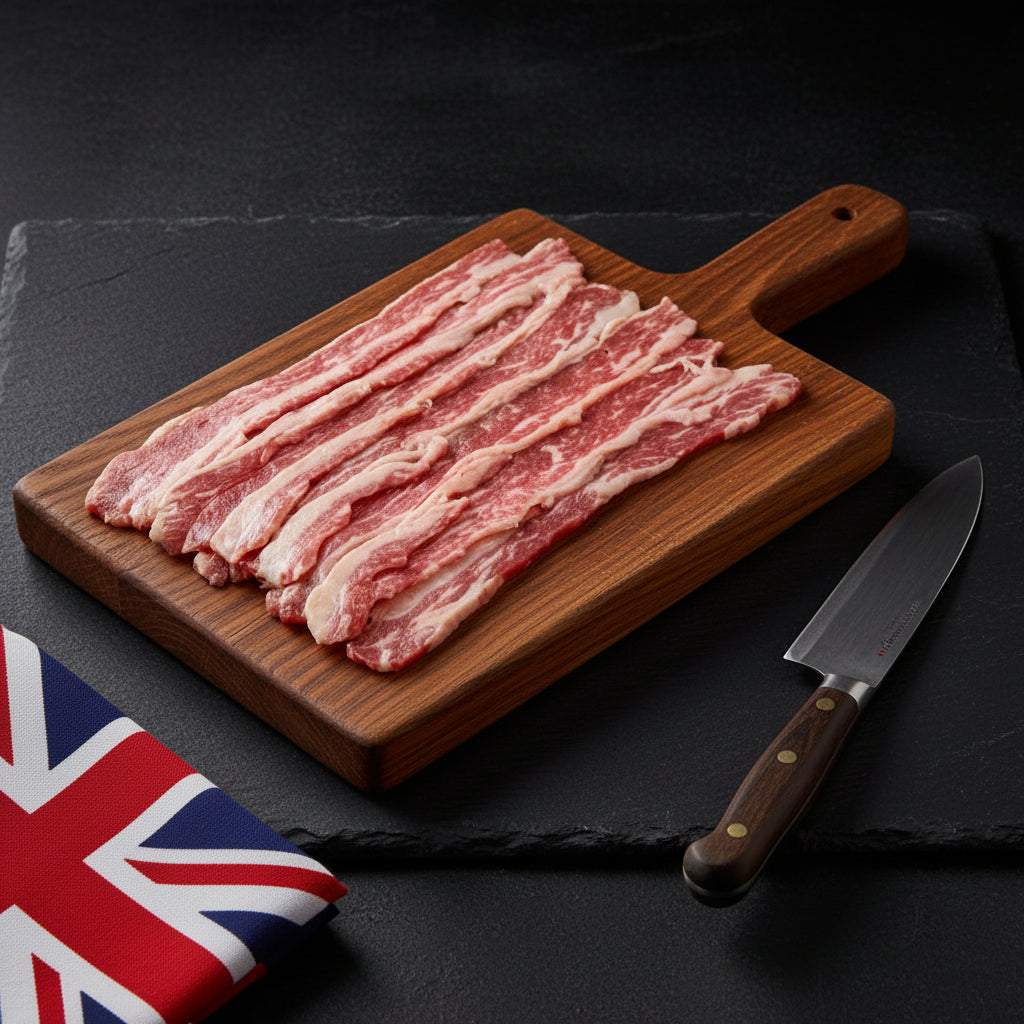 Wagyu British Beef Bacon strips on a wooden chopping board showing rich marbling and fat layers, next to a knife and folded UK flag