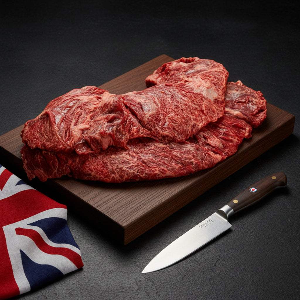 Wagyu British Beef whole bavette d'Aloyau cut with moderate marbling on a wooden board alongside a cutting knife and British flag cloth