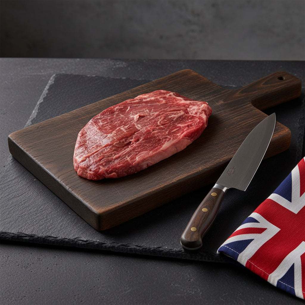 Wagyu British Beef raw bavette steak with rich marbling on a dark wooden cutting board next to a knife and Union Jack cloth