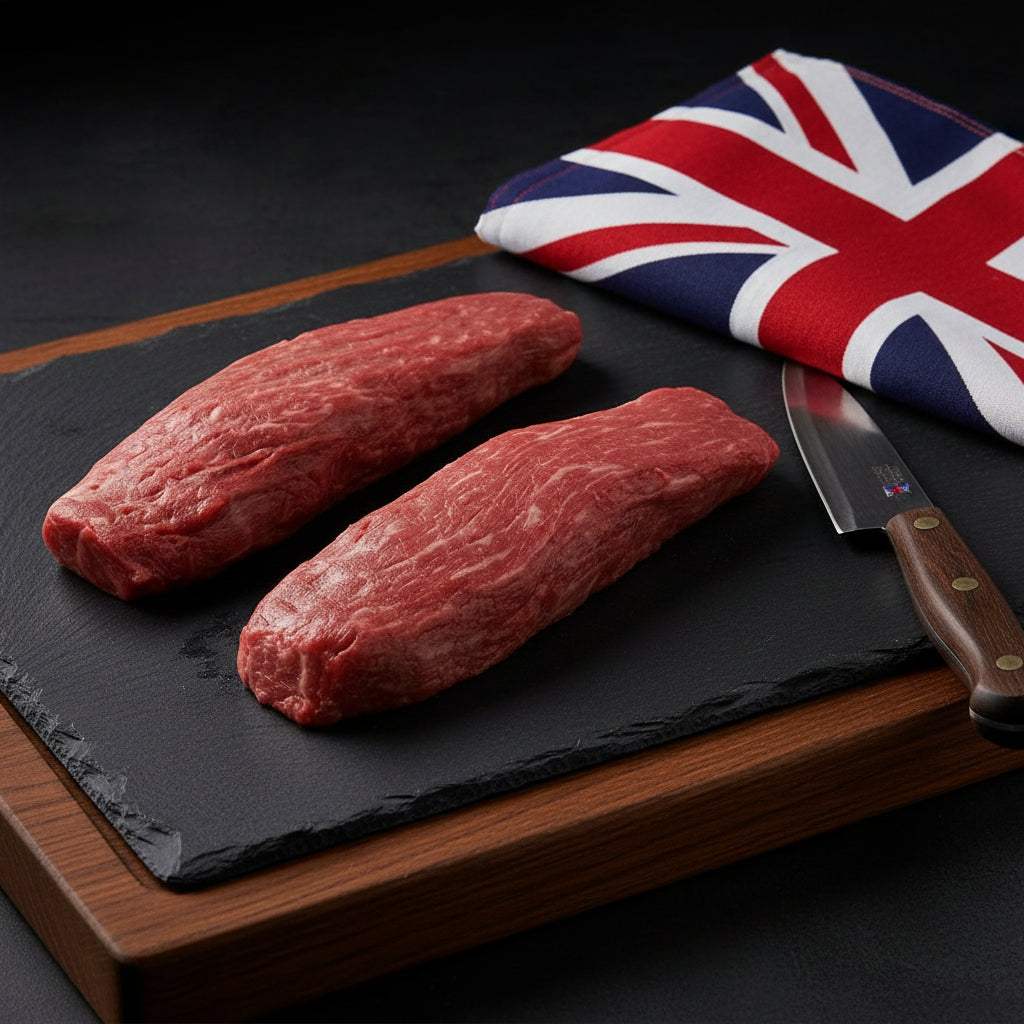 Two raw Wagyu British Beef bistro fillet steaks, lean with visible texture, placed on a black slate board beside a knife and folded Union Jack cloth