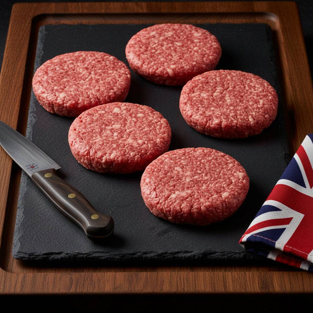 Wagyu British Beef Burgers raw round patties with marbled red and white fat texture arranged on a black slate board alongside a knife and a British flag napkin