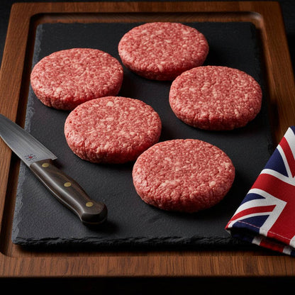 Wagyu British Beef Burgers raw round patties with marbled red and white fat texture arranged on a black slate board alongside a knife and a British flag napkin