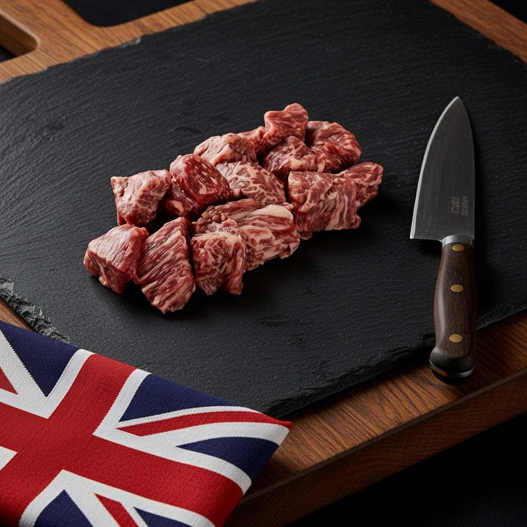 Wagyu British Beef Diced showing richly marbled, red and white chunks on a black slate board with a knife and British flag nearby