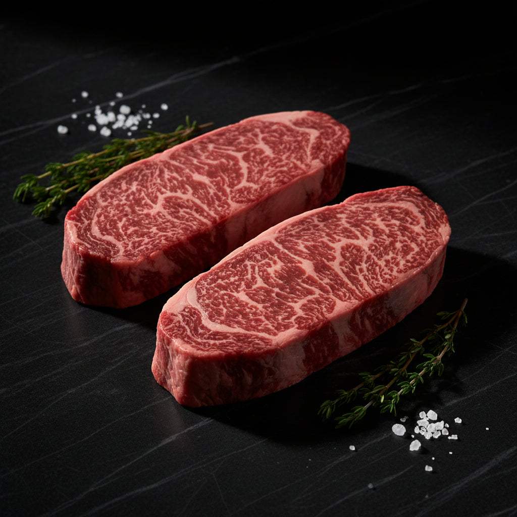 Wagyu British Beef fillet steaks with high marbling, rich red color and intricate fat marbling, presented with sprigs of herbs and salt flakes