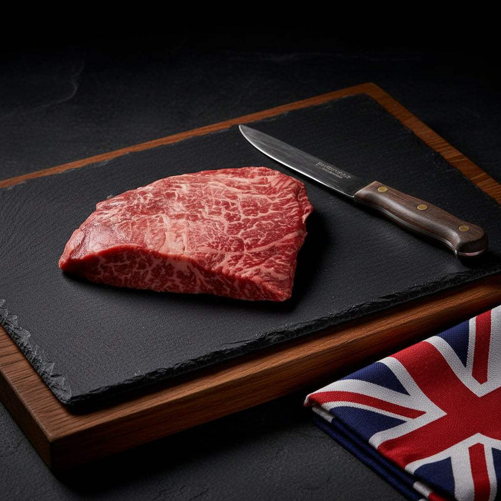 Wagyu British Beef flat iron steak with high marbling on a black slate board beside a wooden-handled knife and a folded Union Jack cloth