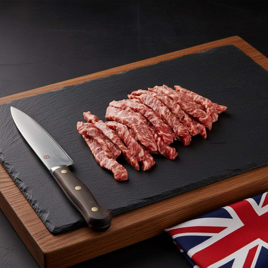 Wagyu British Beef strips with pronounced marbling and tender texture, sliced on a dark slate board beside a knife