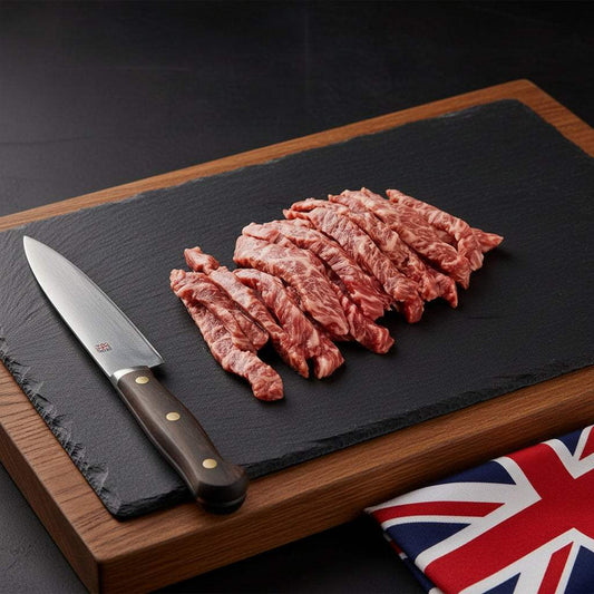 Wagyu British Beef strips with pronounced marbling and tender texture, sliced on a dark slate board beside a knife