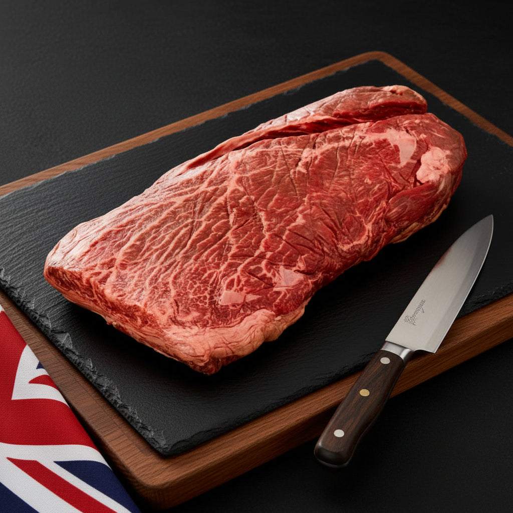 Wagyu British Beef whole oyster blade cut with deep red meat and intricate marbling on a black slate board beside a kitchen knife