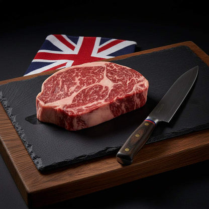 Wagyu British Beef Ribeye Steak with rich marbling on a black slate board next to a kitchen knife and Union Jack cloth