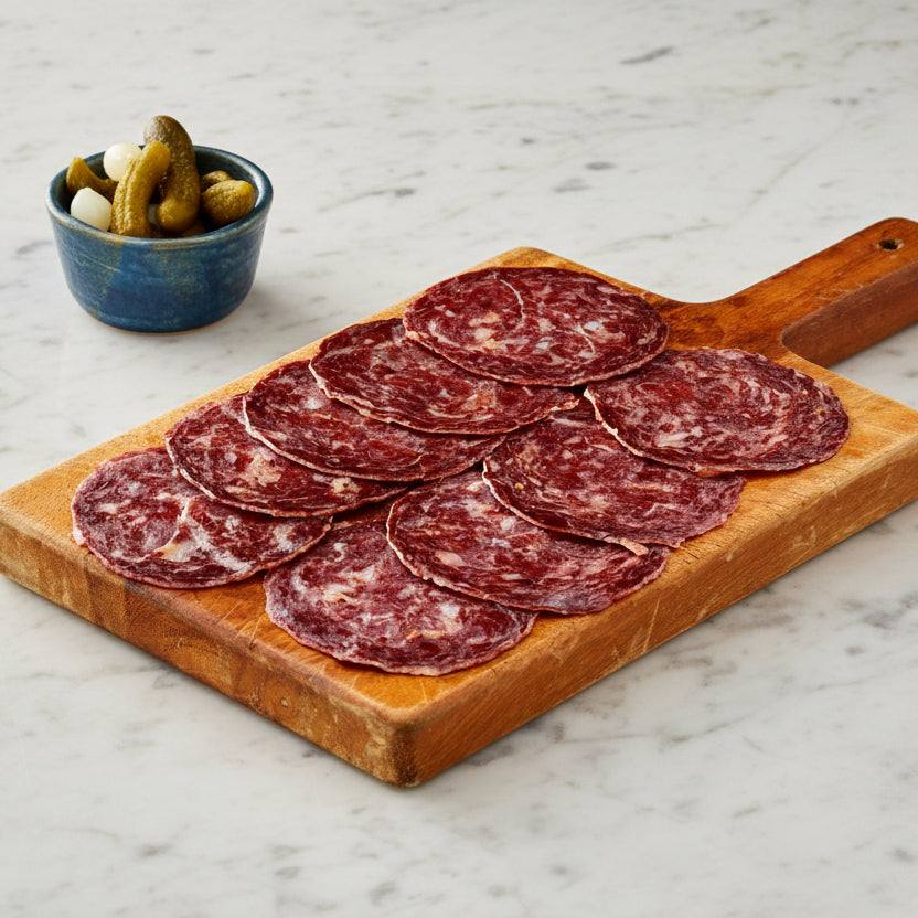 Wagyu British Beef sliced beef salami with marbled texture arranged on a slate board with rosemary and peppercorns