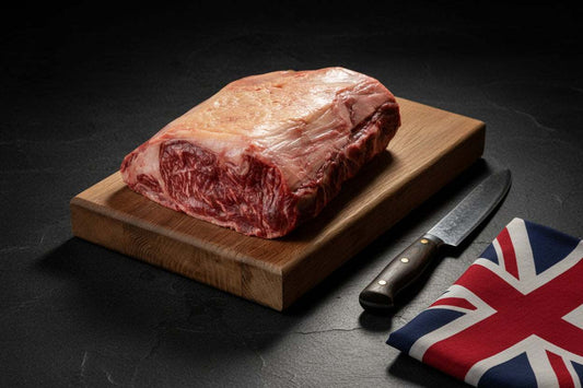 Wagyu British Beef whole striploin with rich marbling and a thick fat cap on a wooden board next to a knife and Union Jack cloth