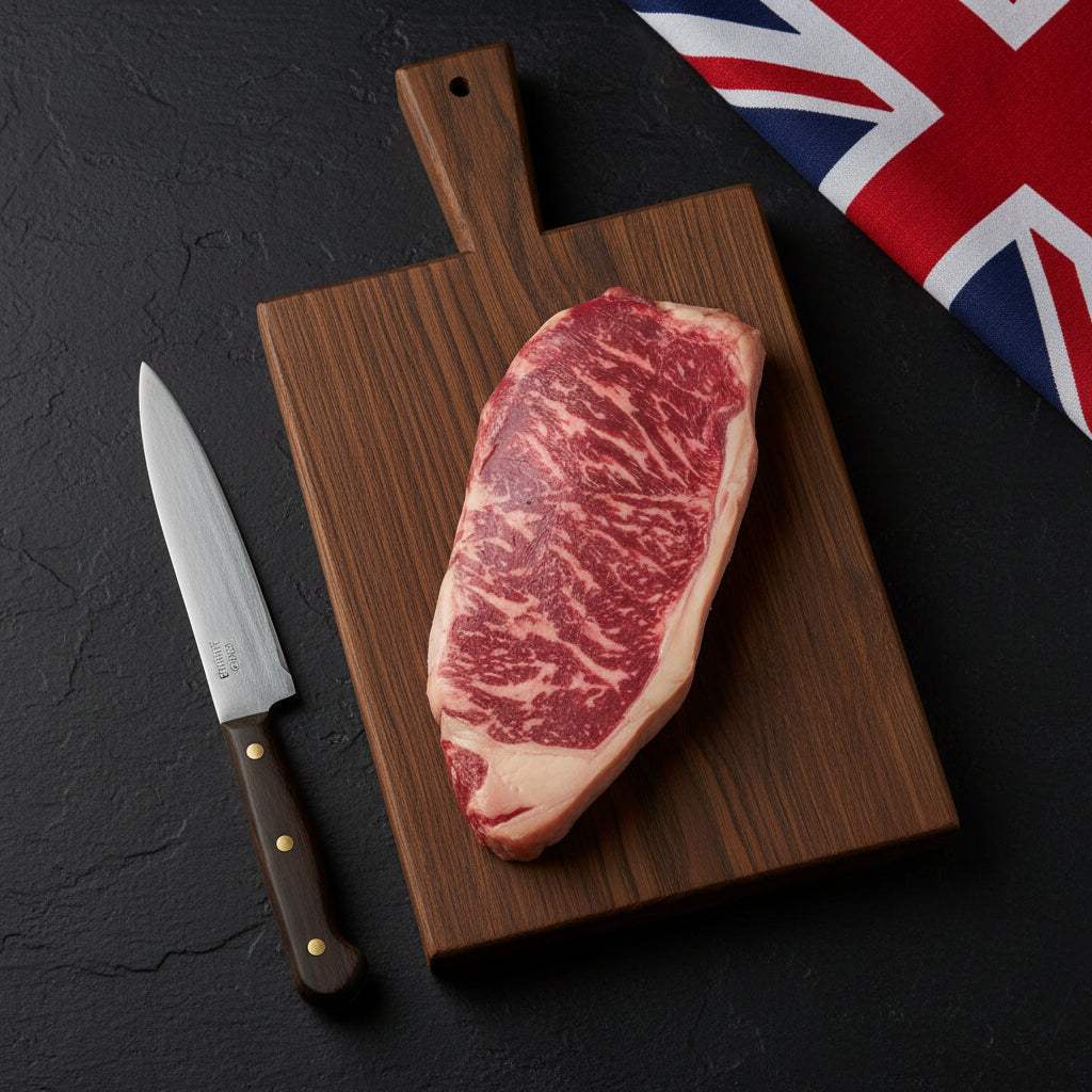 Wagyu British Beef raw striploin steak with high marbling on a wooden chopping board next to a knife and part of a British flag